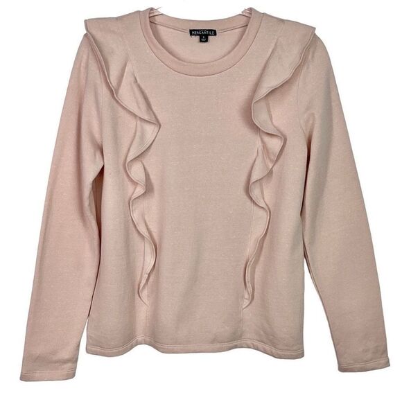 J. Crew Mercantile Heathered Pink Ruffle Trimmed Pullover Sweater Small - Picture 1 of 5
